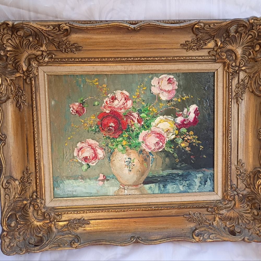 NYC Gallery Vintage Oil Painting Ornate Wood Frame - Fronville Still Life Roses